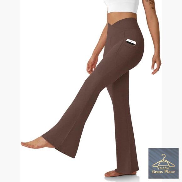 Pants - High Waisted Flare Leggings with Pockets Tummy Control Yoga Pants